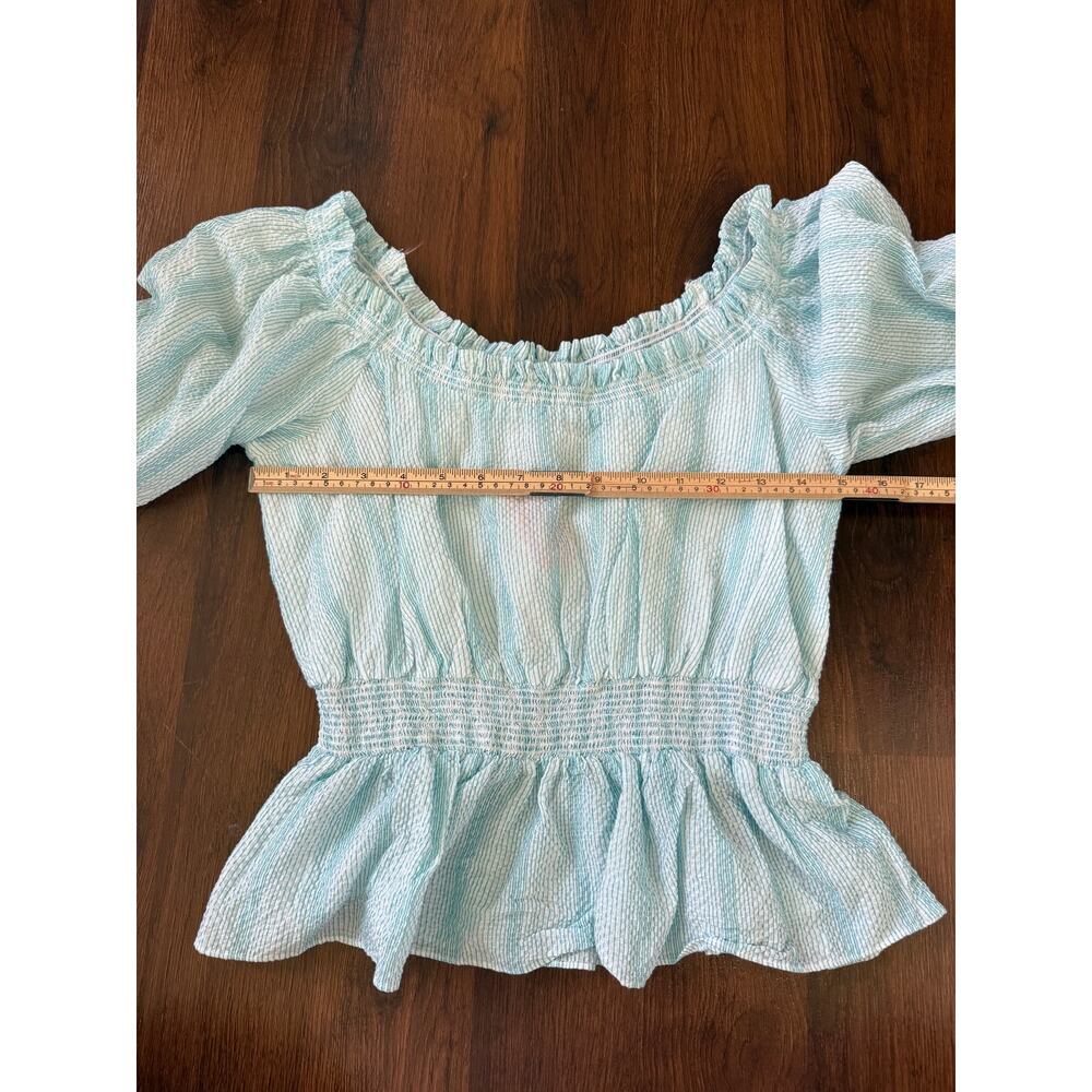 Intermix Off-Shoulder Smocked Peplum Blouse Blue Stripe Sz S Cotton Coastal Boho - Picture 5 of 7